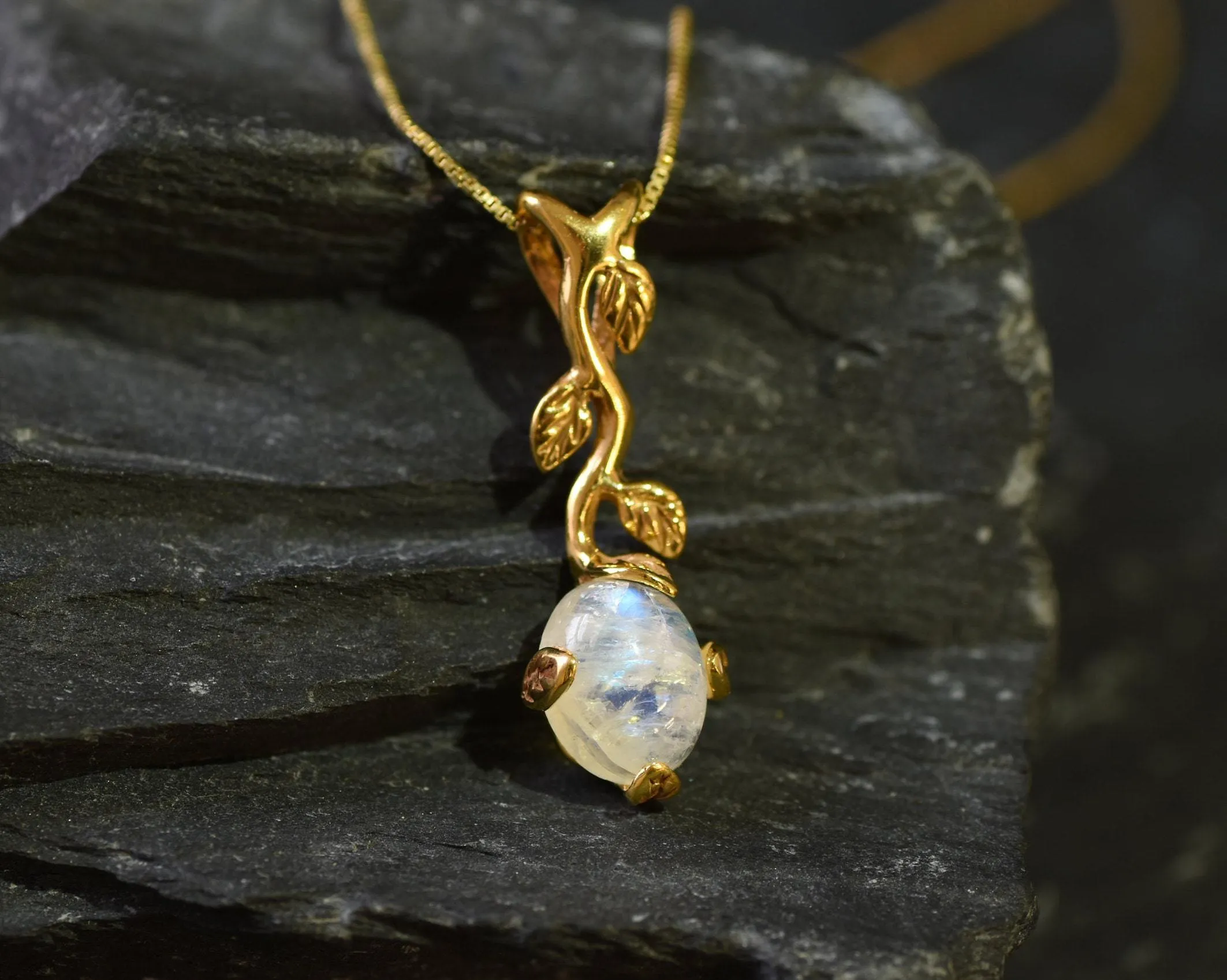 Leaf Moonstone Pendant - Natural Rainbow Moonstone Necklace, Gold Moonstone Pendant
