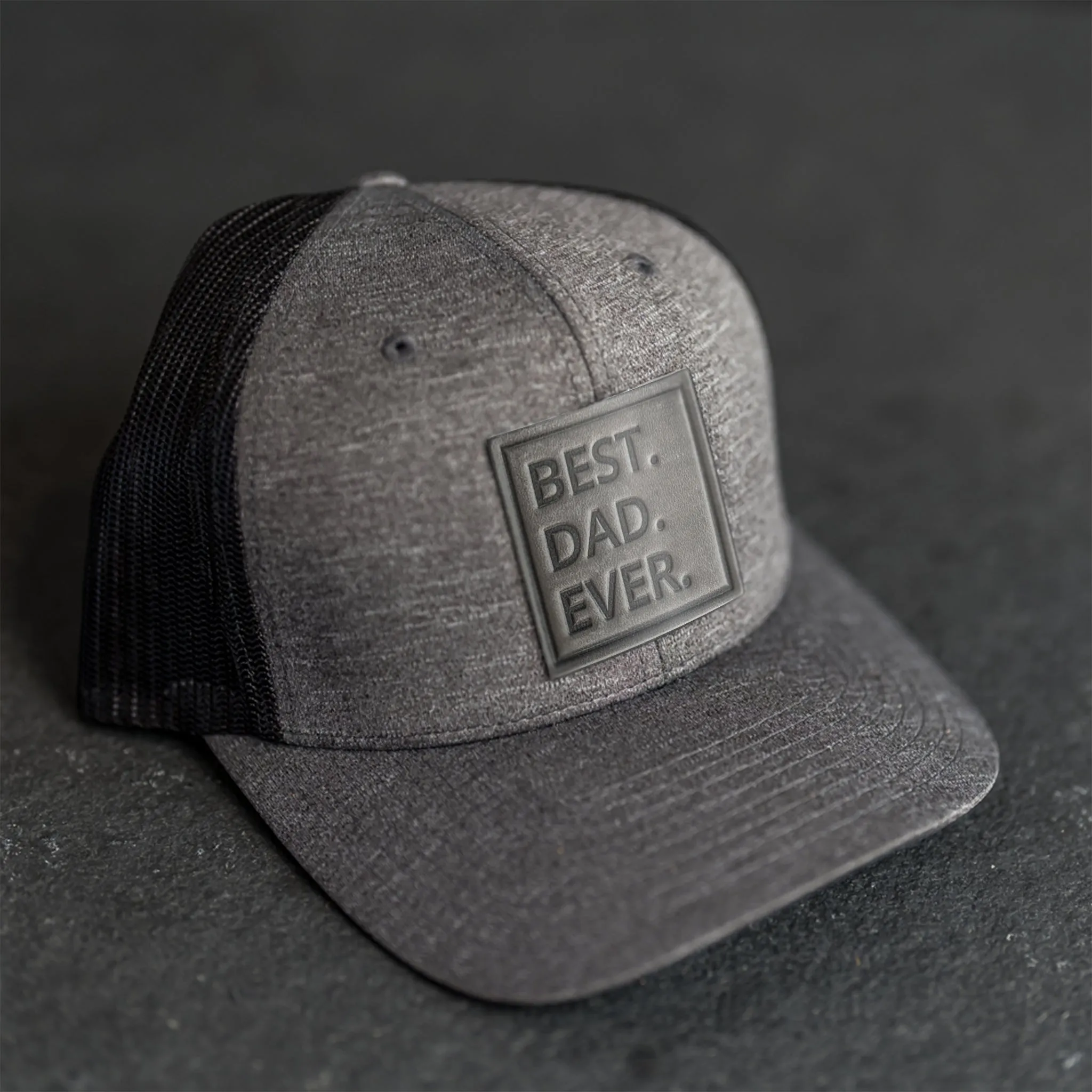 Leather Patch Performance Style Trucker Hat - Best Dad Ever Stamp
