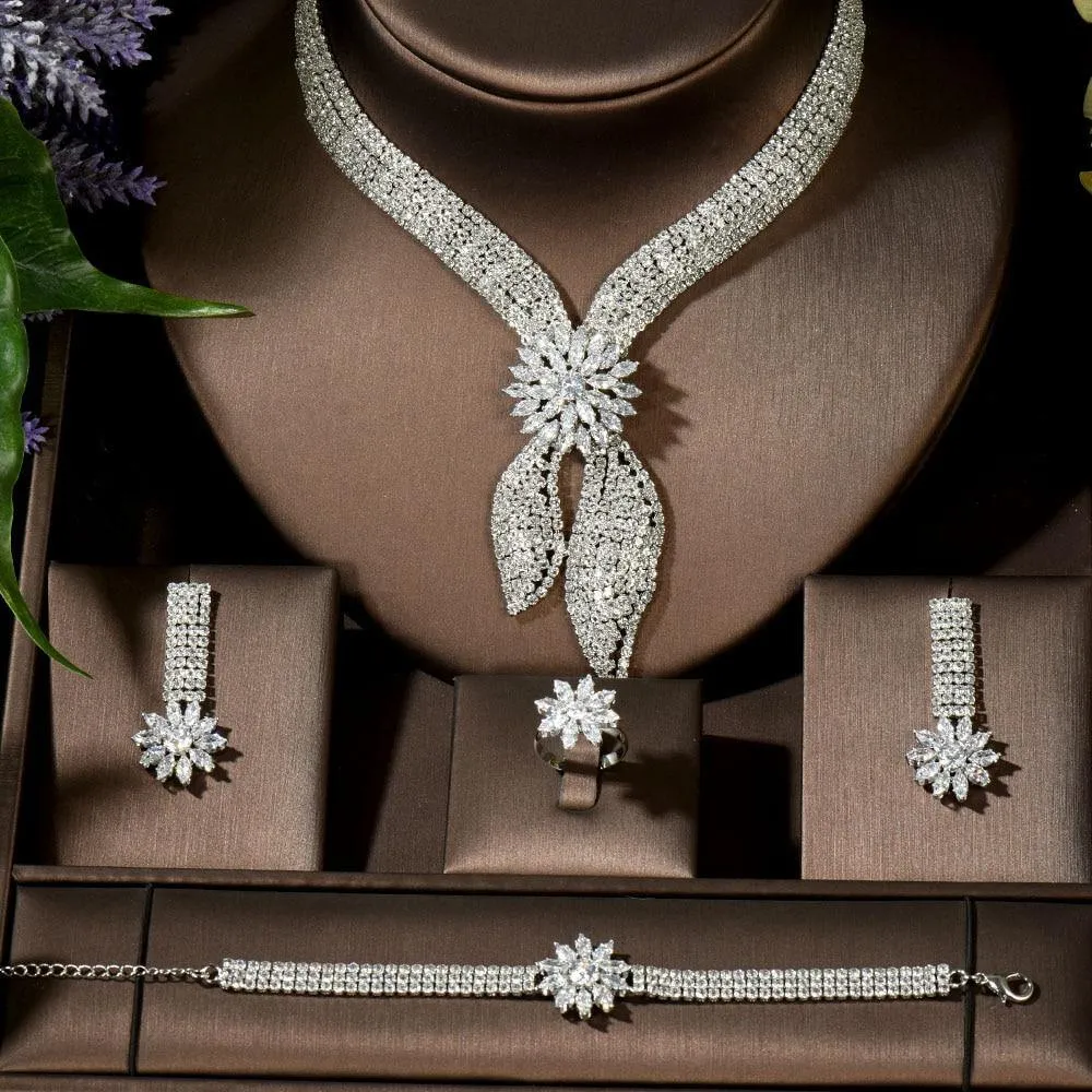 Luxury Big 4 Piece Designer Jewelry Set With AAAA  Cubic Zirconia Diamonds Bridal Wedding Jewelry Set