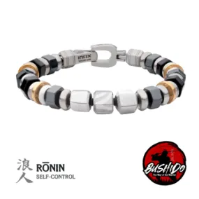 Men's 8mm Mokume Gane, Hematite and Onyx Beads Bushido Virtue Bracelet, 8.25"