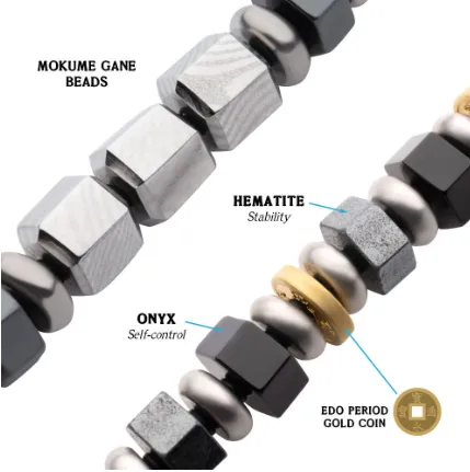 Men's 8mm Mokume Gane, Hematite and Onyx Beads Bushido Virtue Bracelet, 8.25"