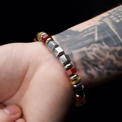 Men's 8mm Mokume Gane, Red Agate and Onyx Beads Bushido Virtue Bracelet, 8.50"