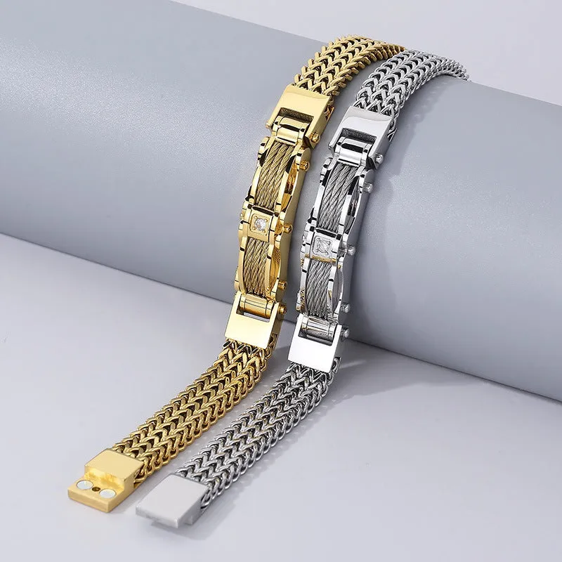 Men's Zircon-Studded Gold Stainless Steel Bracelet - European and American Hipster Style