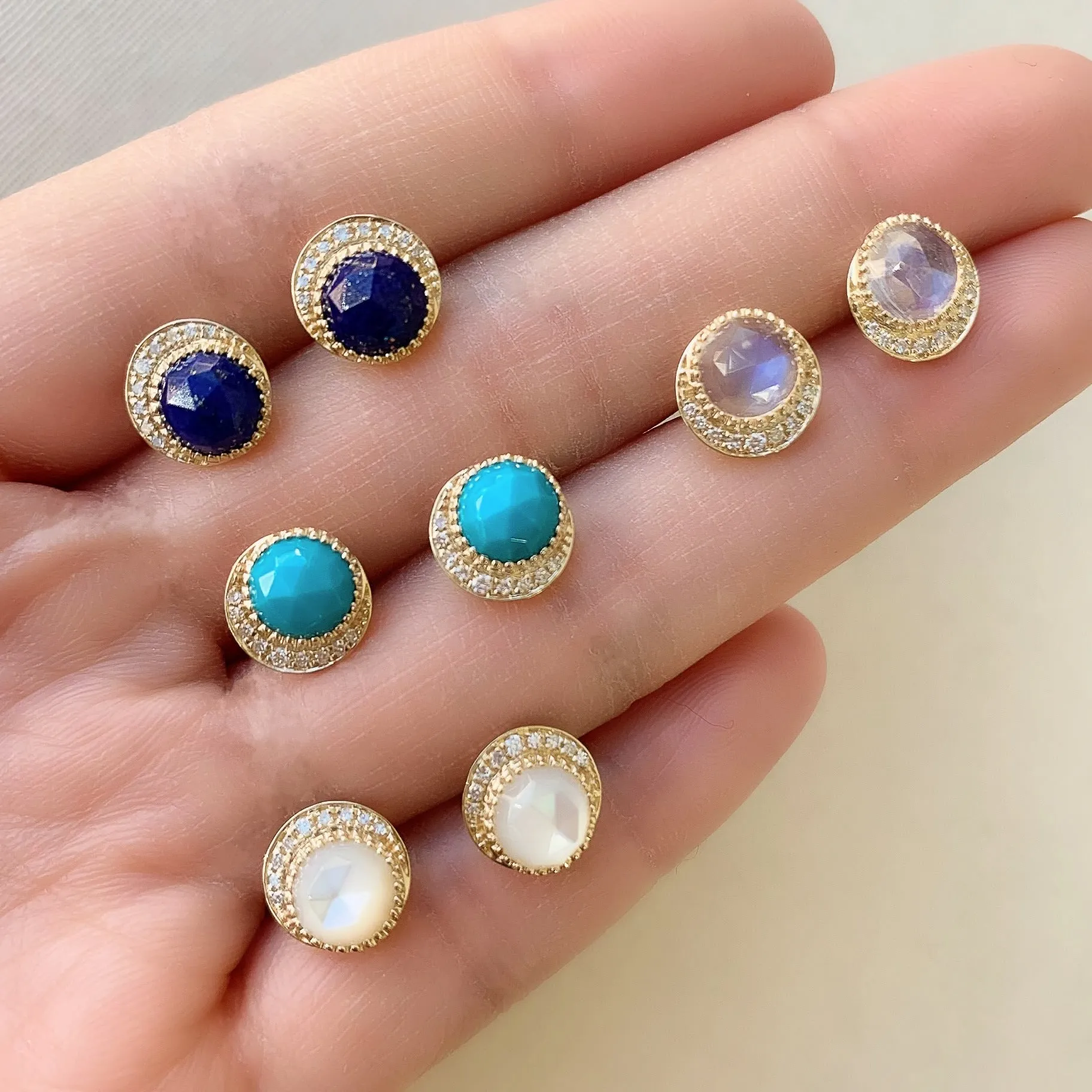 Moon Phase Rainbow Moonstone Post Earrings