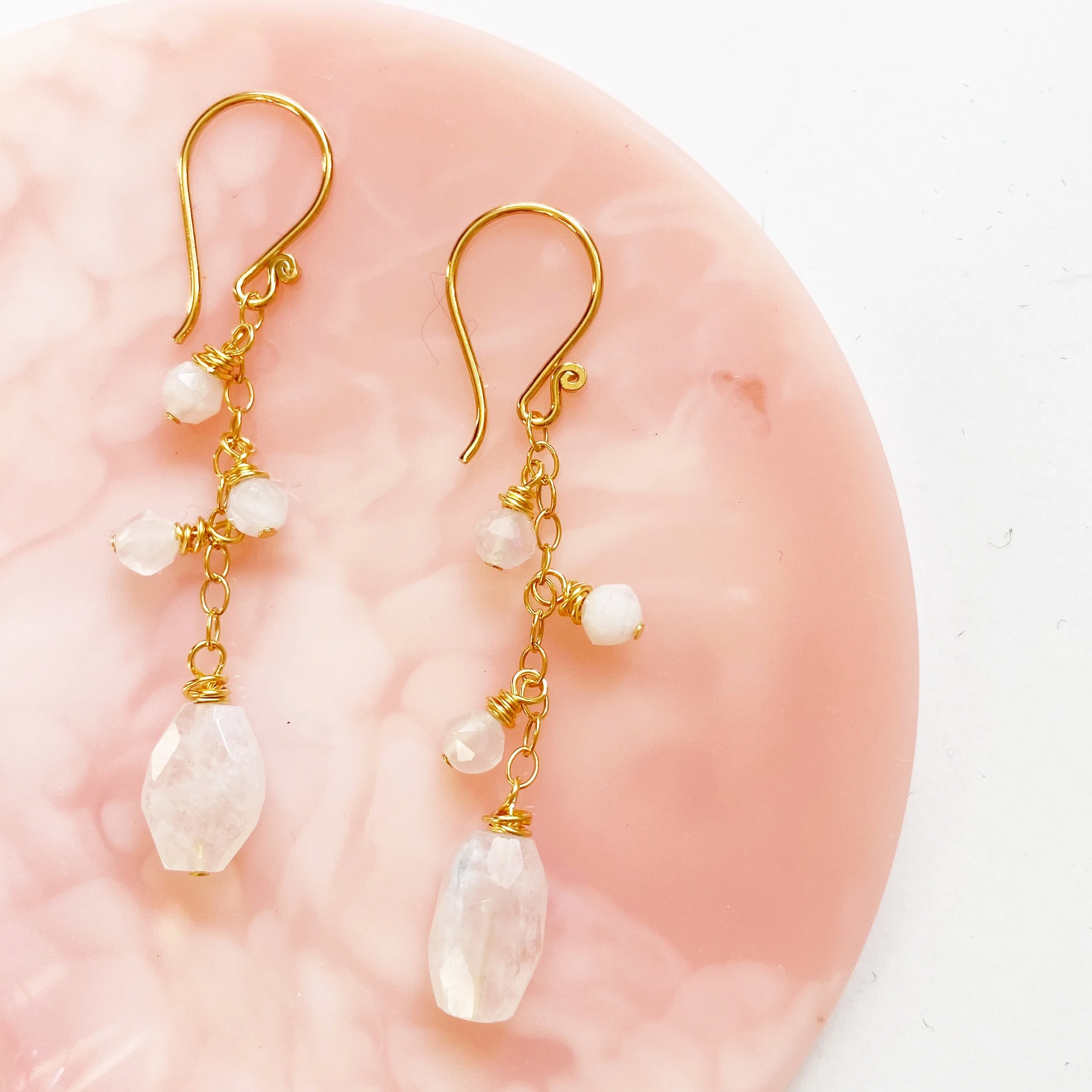 Moonstone Beaded Tassel Earring in Silver, Gold, or Rose Gold