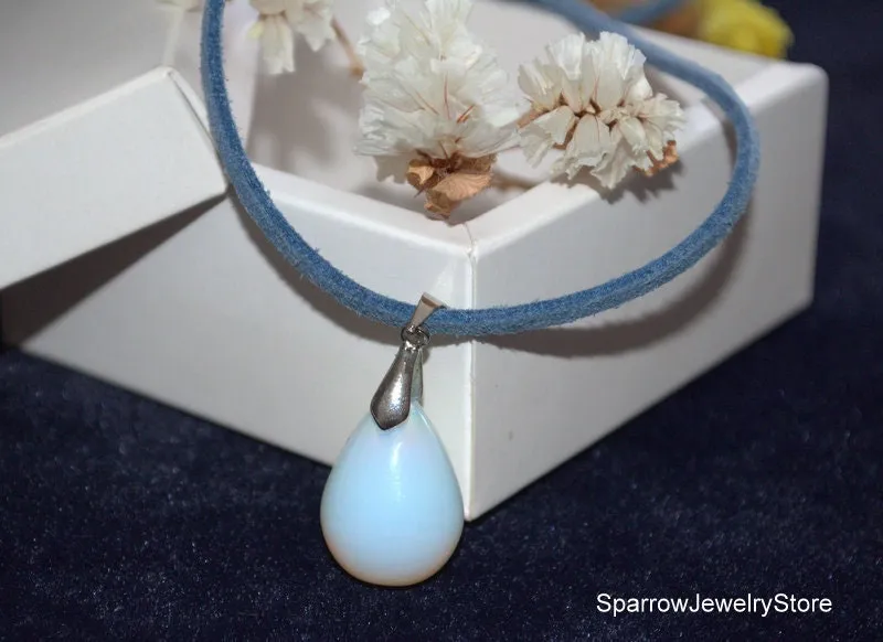 Moonstone teardrop pendant necklace Blue Pear teardrop Rainbow opal pendant jewelry Bridal crystal necklace Personalized gifts for her mom