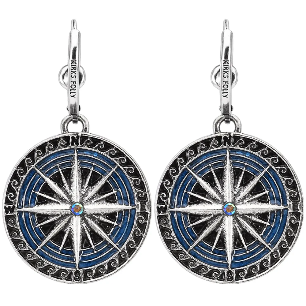Mystic Goddess Seaview Moon Compass Rose Leverback Earrings (Silver Ox/Mystic Blue Sphinx)