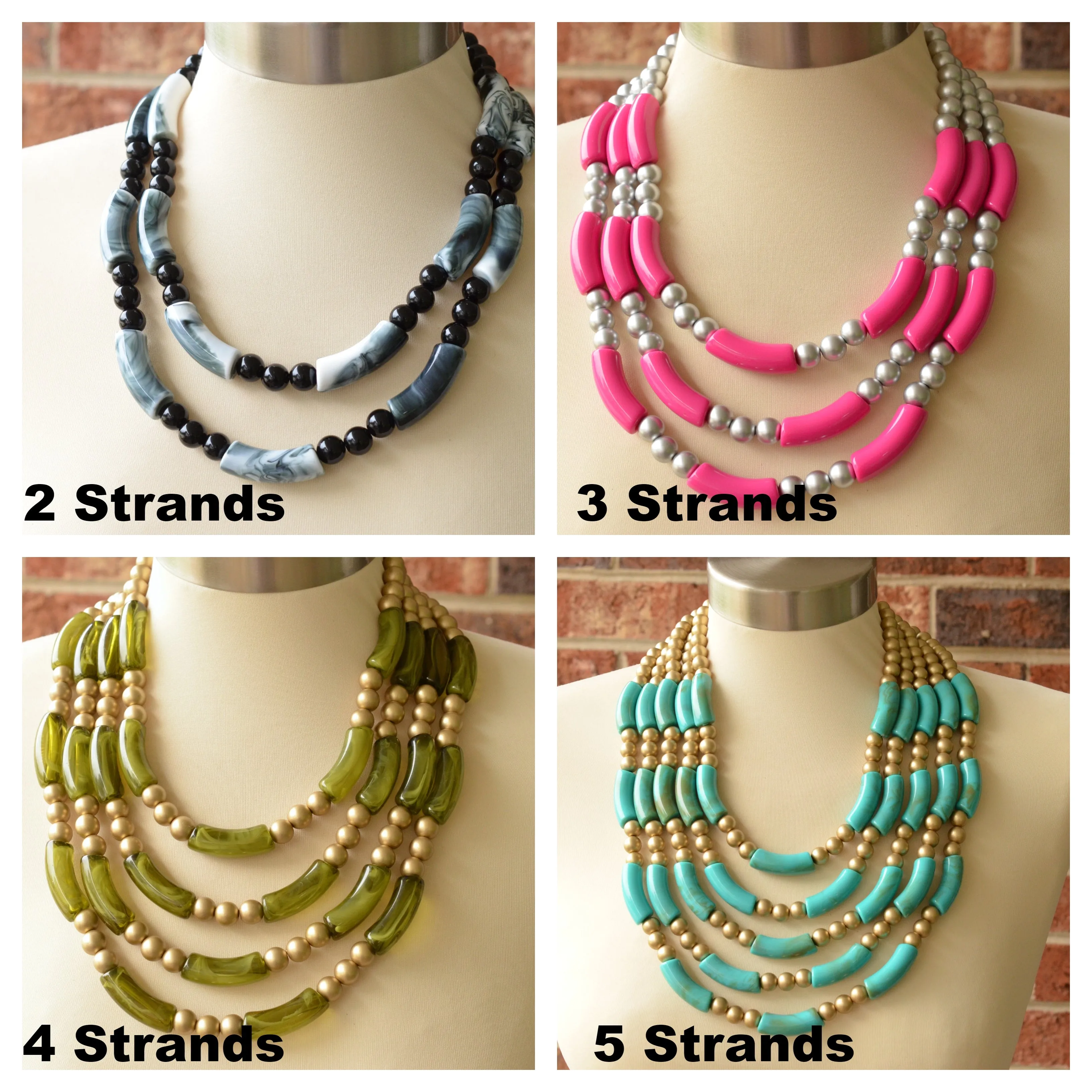 Olive Green Gold Acrylic Bead Multi Strand Statement Necklace - Tanya