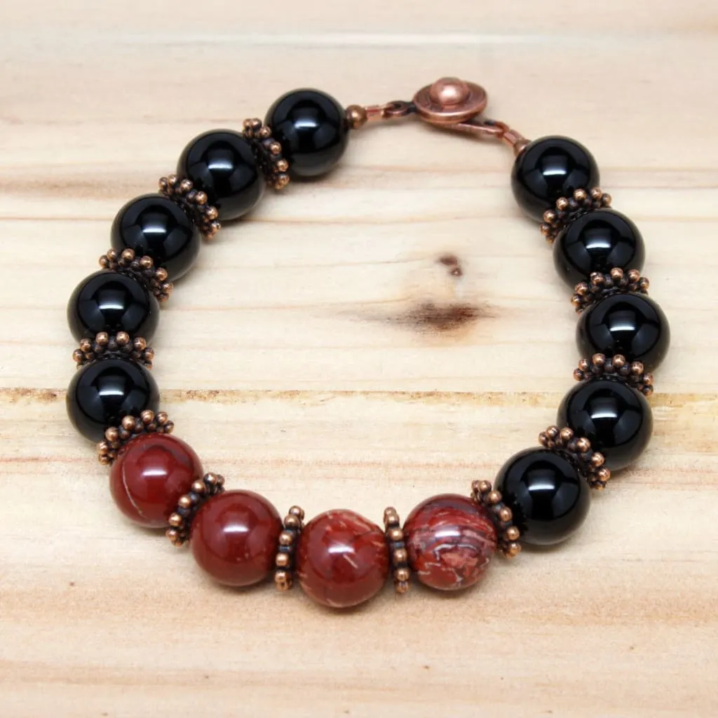 Onyx and Red Snakeskin Jasper 'Protected' Gemstone Beaded Bracelet