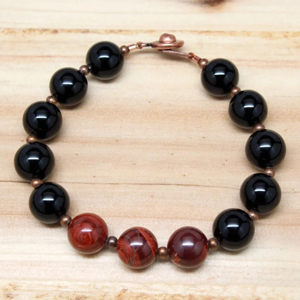 Onyx and Red Snakeskin Jasper 'Protected' Gemstone Beaded Bracelet