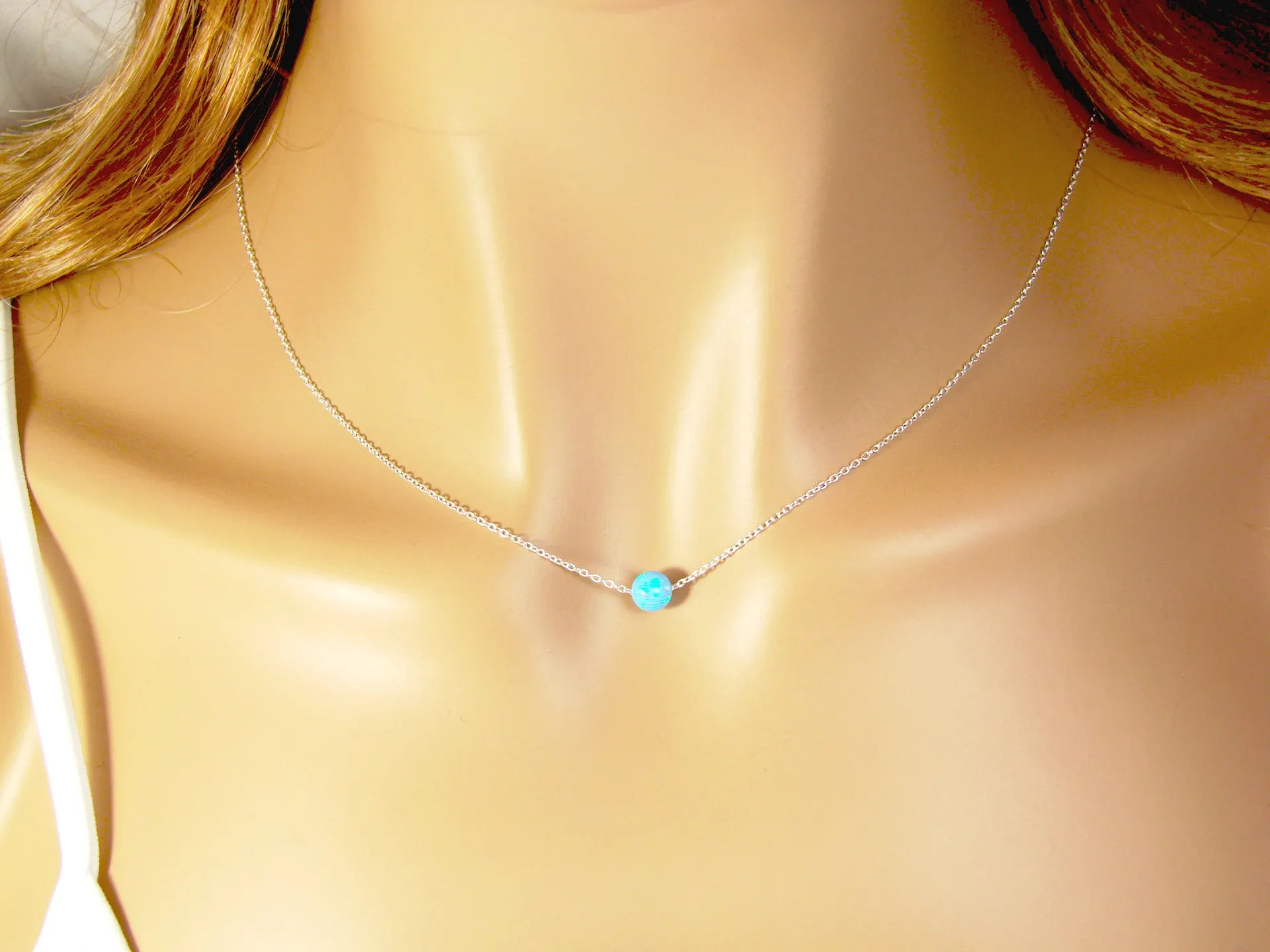 Opal Ball Bead Dot Necklace 925 Sterling Silver Link Chain. Bridesmaid Necklace