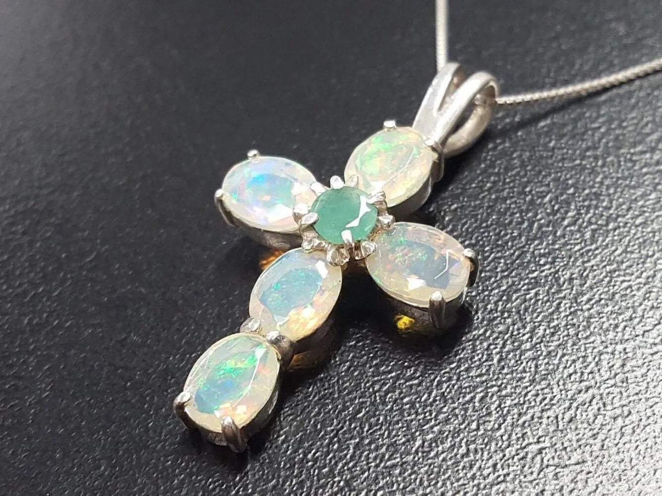 Opal Cross Necklace -  Statement Opal Pendant - Silver Cross Pendant