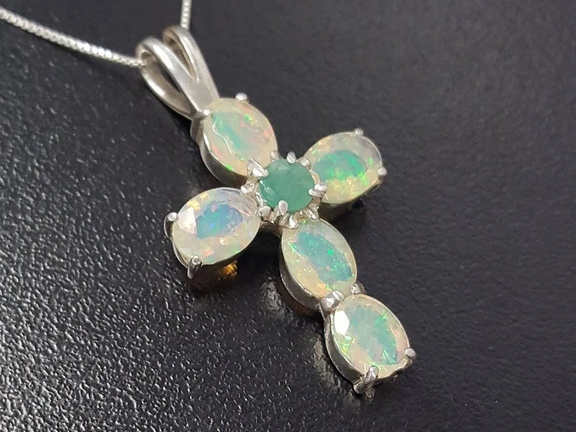 Opal Cross Necklace -  Statement Opal Pendant - Silver Cross Pendant