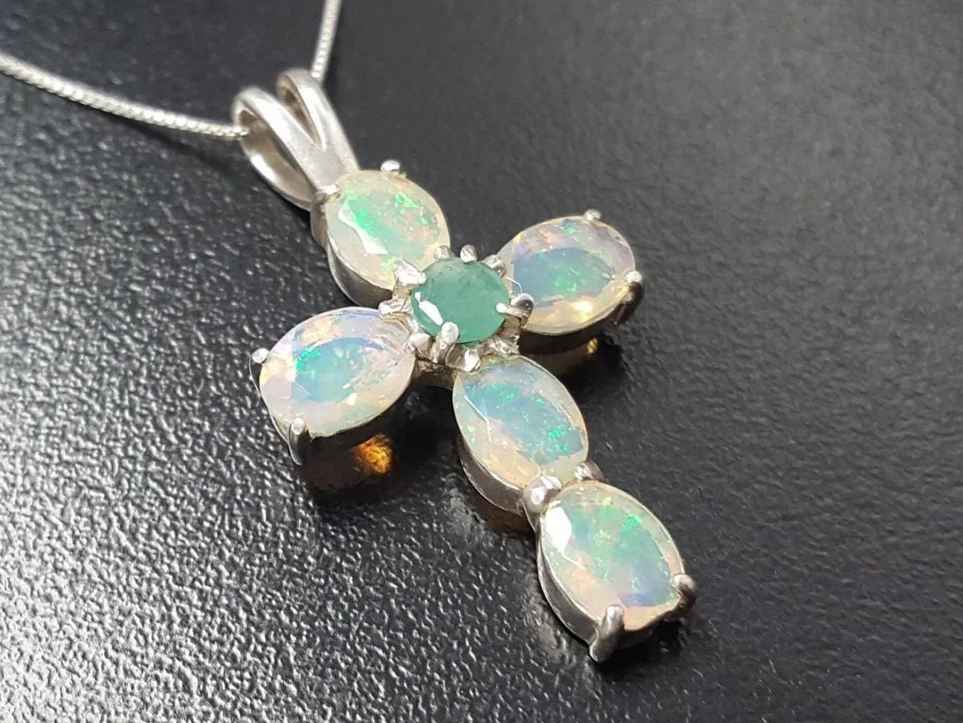 Opal Cross Necklace -  Statement Opal Pendant - Silver Cross Pendant