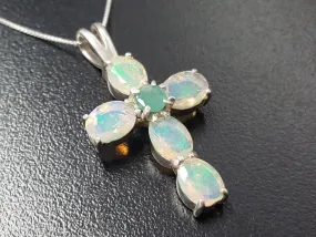 Opal Cross Necklace -  Statement Opal Pendant - Silver Cross Pendant