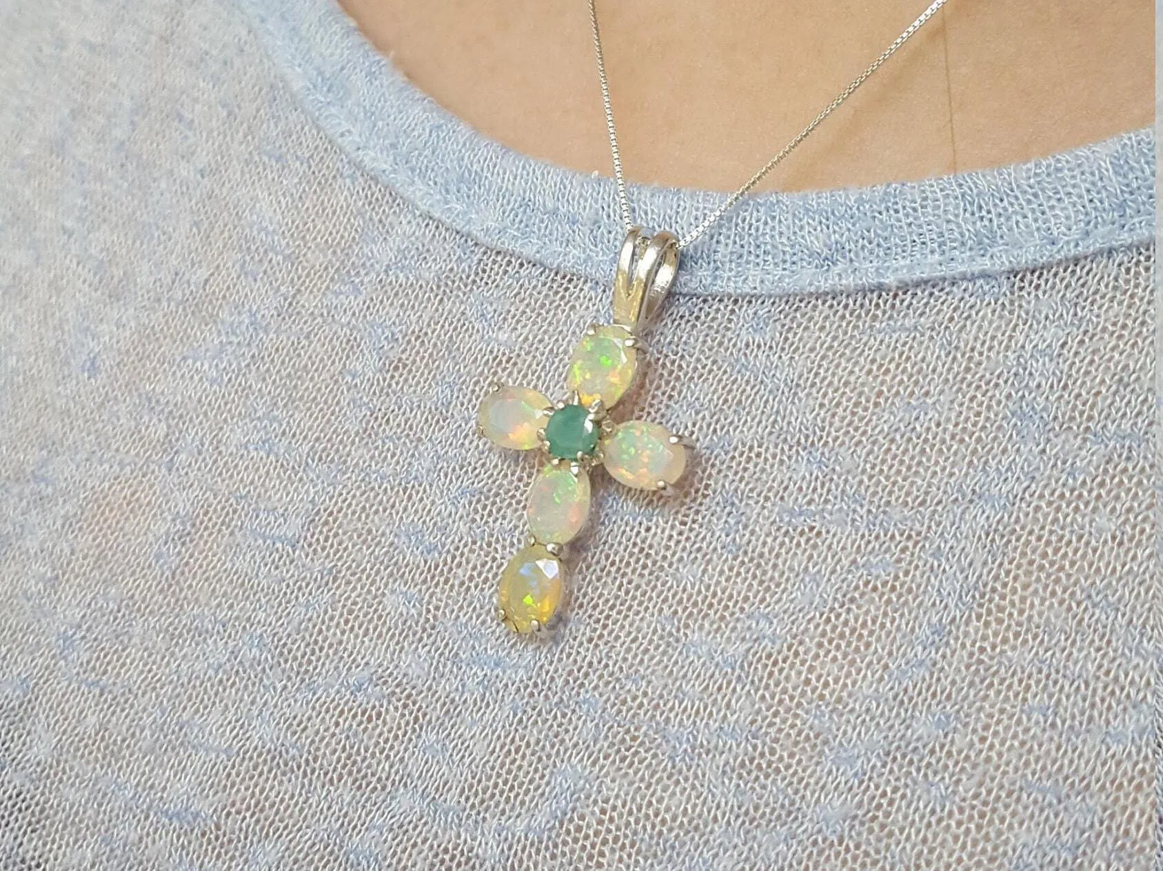 Opal Cross Necklace -  Statement Opal Pendant - Silver Cross Pendant