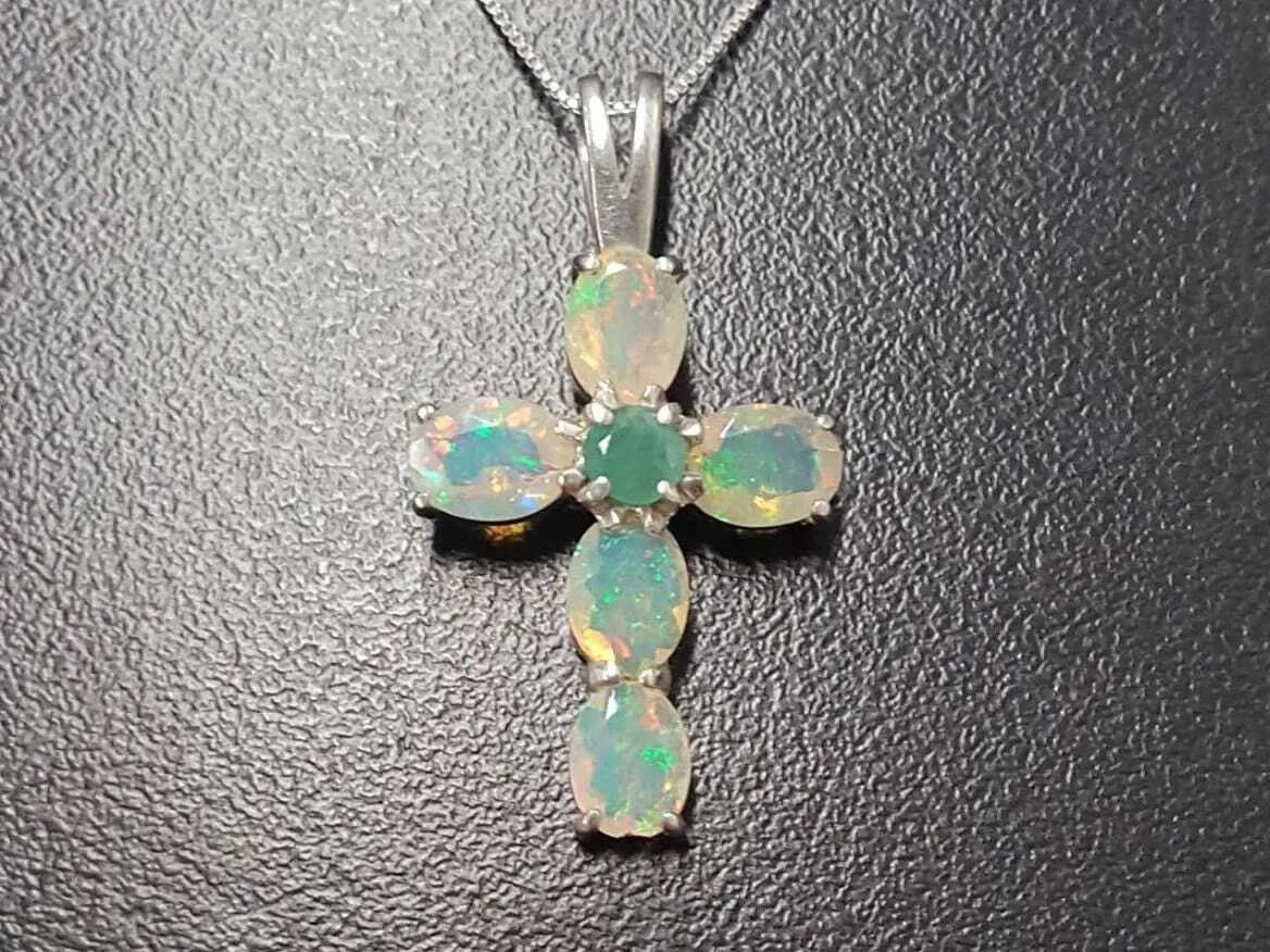 Opal Cross Necklace -  Statement Opal Pendant - Silver Cross Pendant