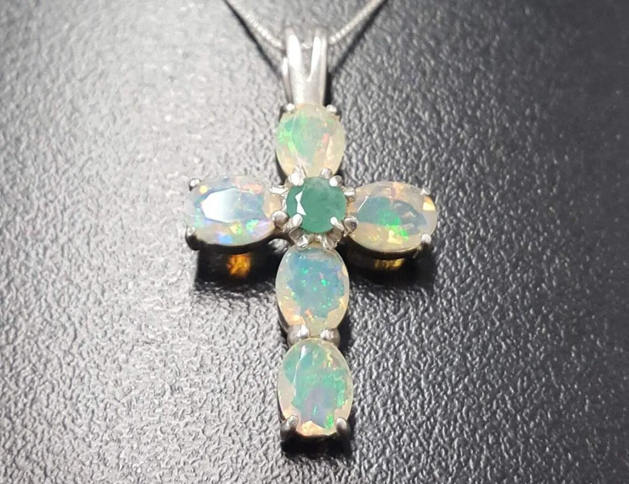 Opal Cross Necklace -  Statement Opal Pendant - Silver Cross Pendant