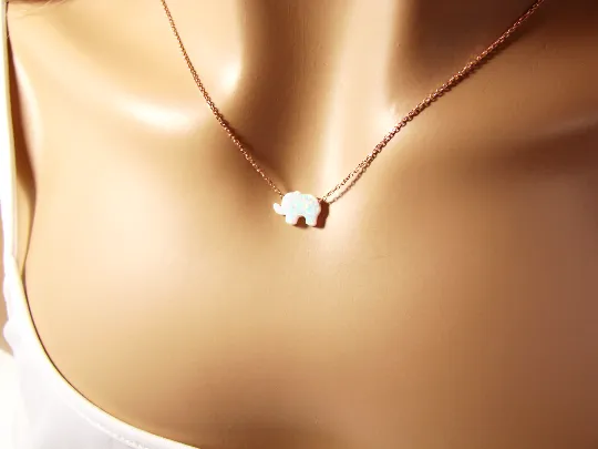 Opal Elephant Pendant Necklace Rose Gold Plated Sterling Silver Chain