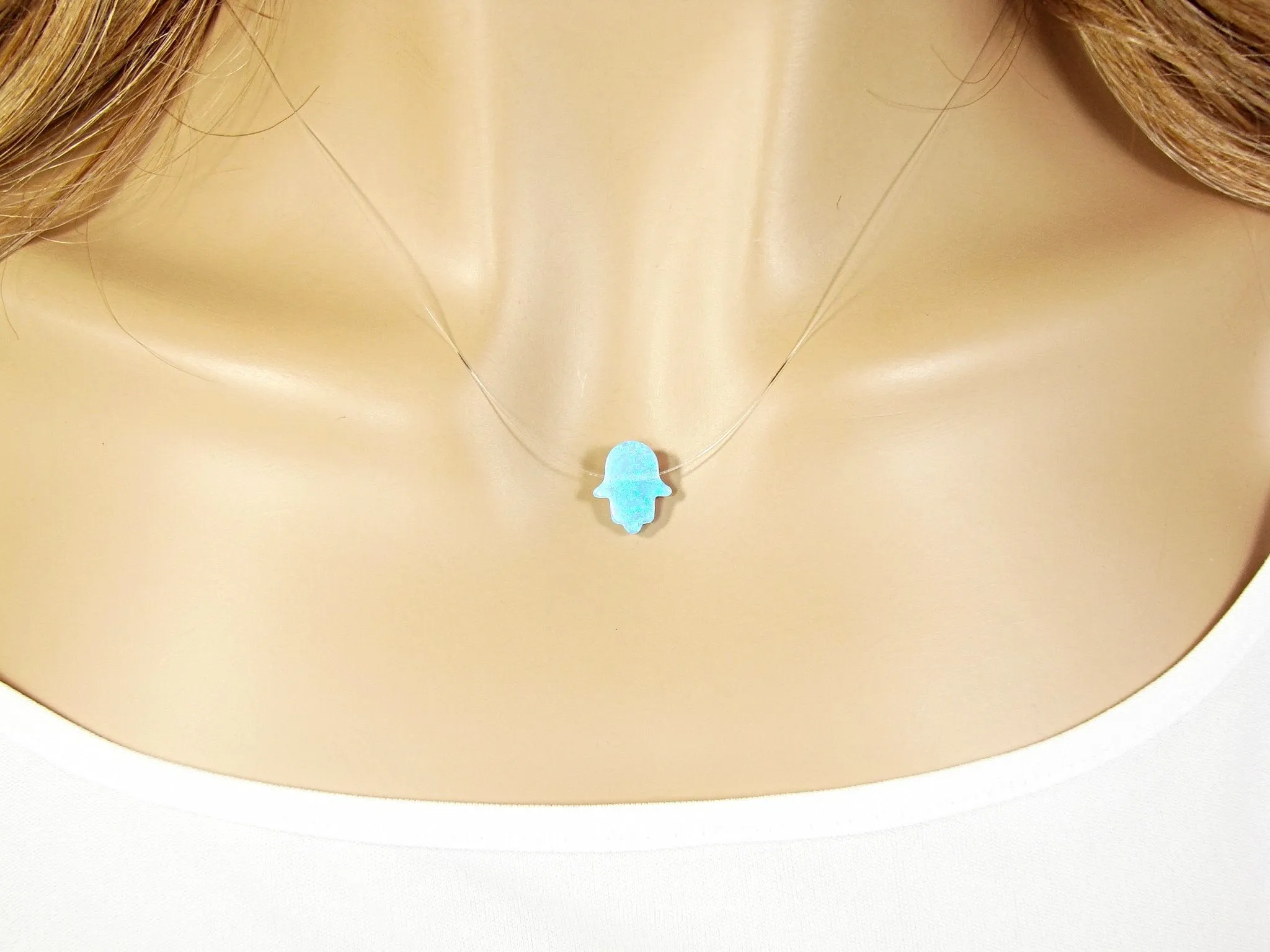 Opal Hamsa Hand Clear Necklace Floating Illusion Pendant