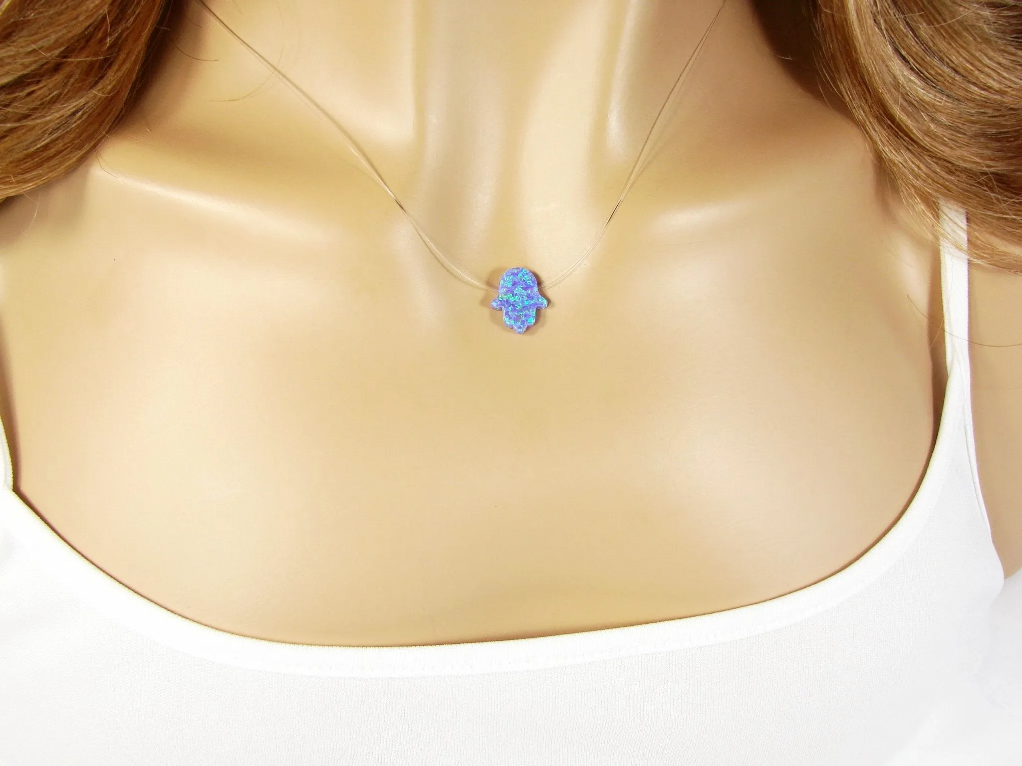 Opal Hamsa Hand Clear Necklace Floating Illusion Pendant