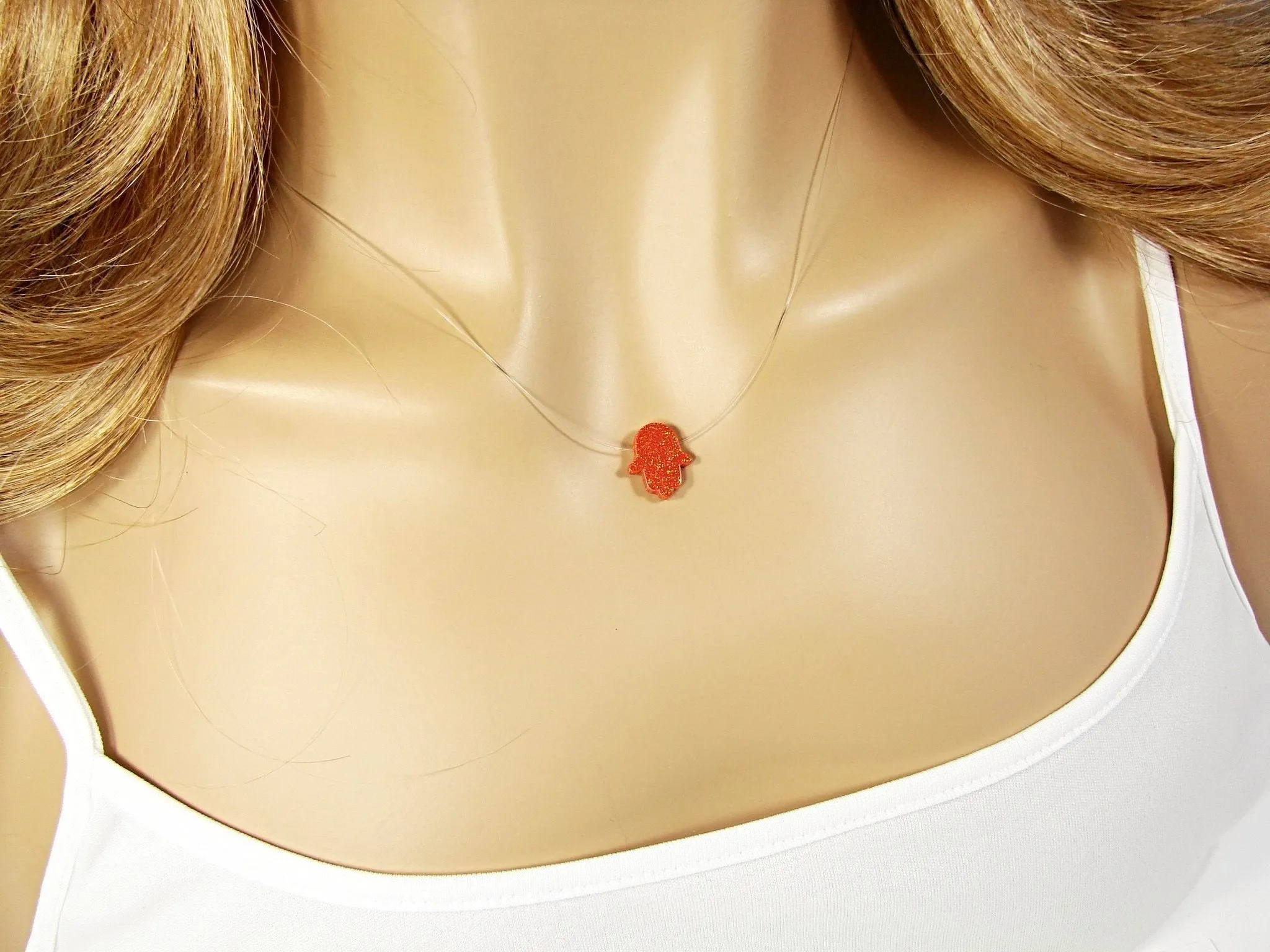 Opal Hamsa Hand Clear Necklace Floating Illusion Pendant