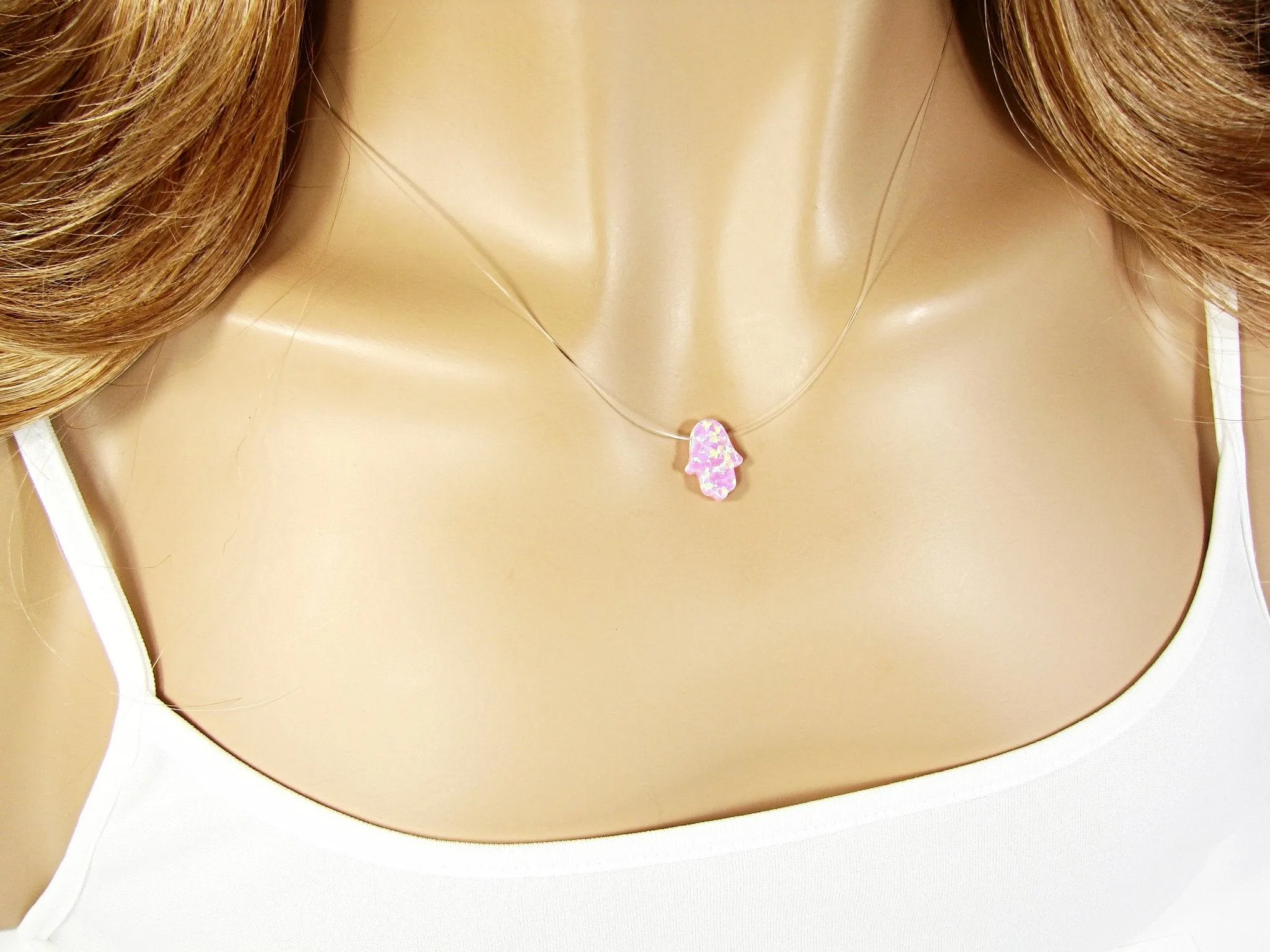 Opal Hamsa Hand Clear Necklace Floating Illusion Pendant