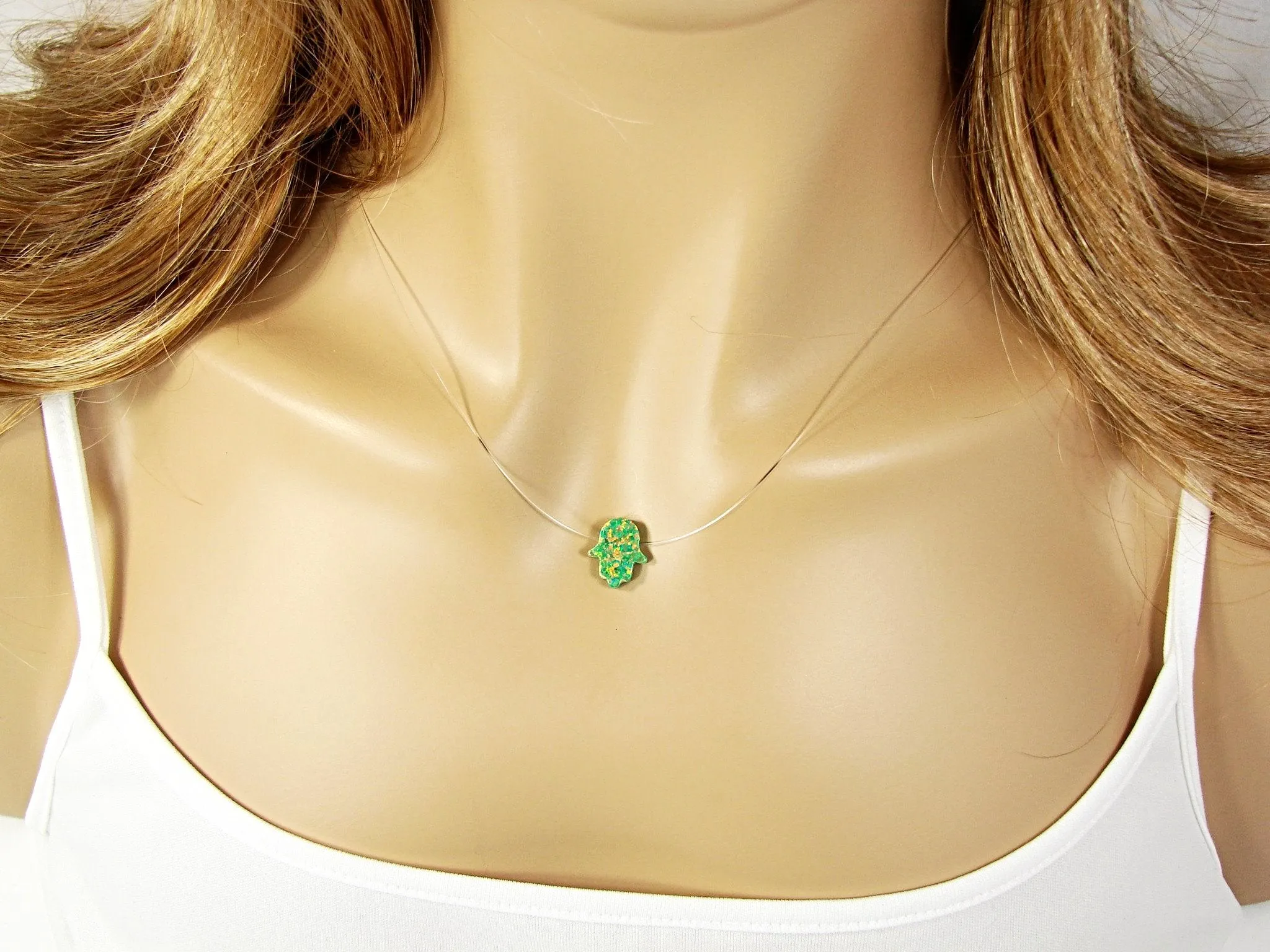 Opal Hamsa Hand Clear Necklace Floating Illusion Pendant