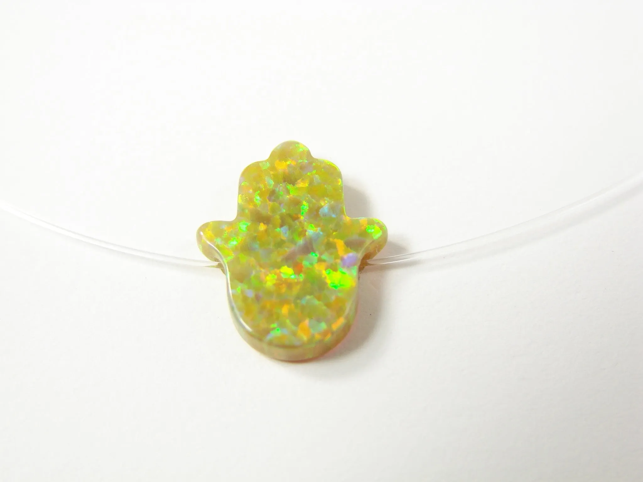 Opal Hamsa Hand Clear Necklace Floating Illusion Pendant