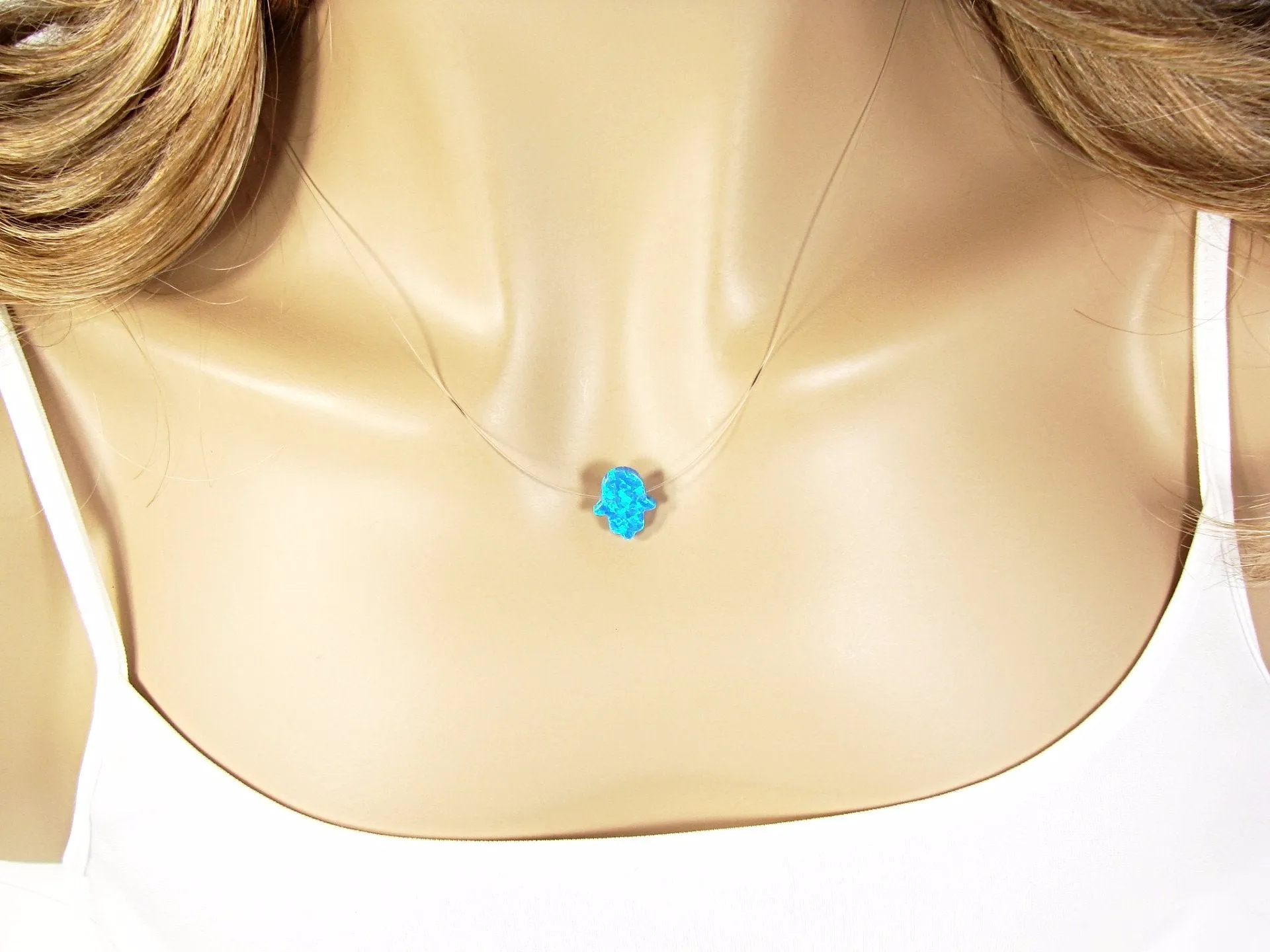 Opal Hamsa Hand Clear Necklace Floating Illusion Pendant