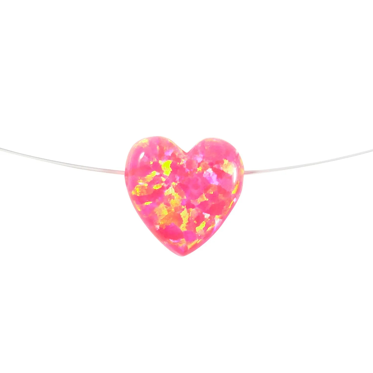 Opal Heart Necklace - Floating Illusion Opal Heart Pendant Fishing Line Choker