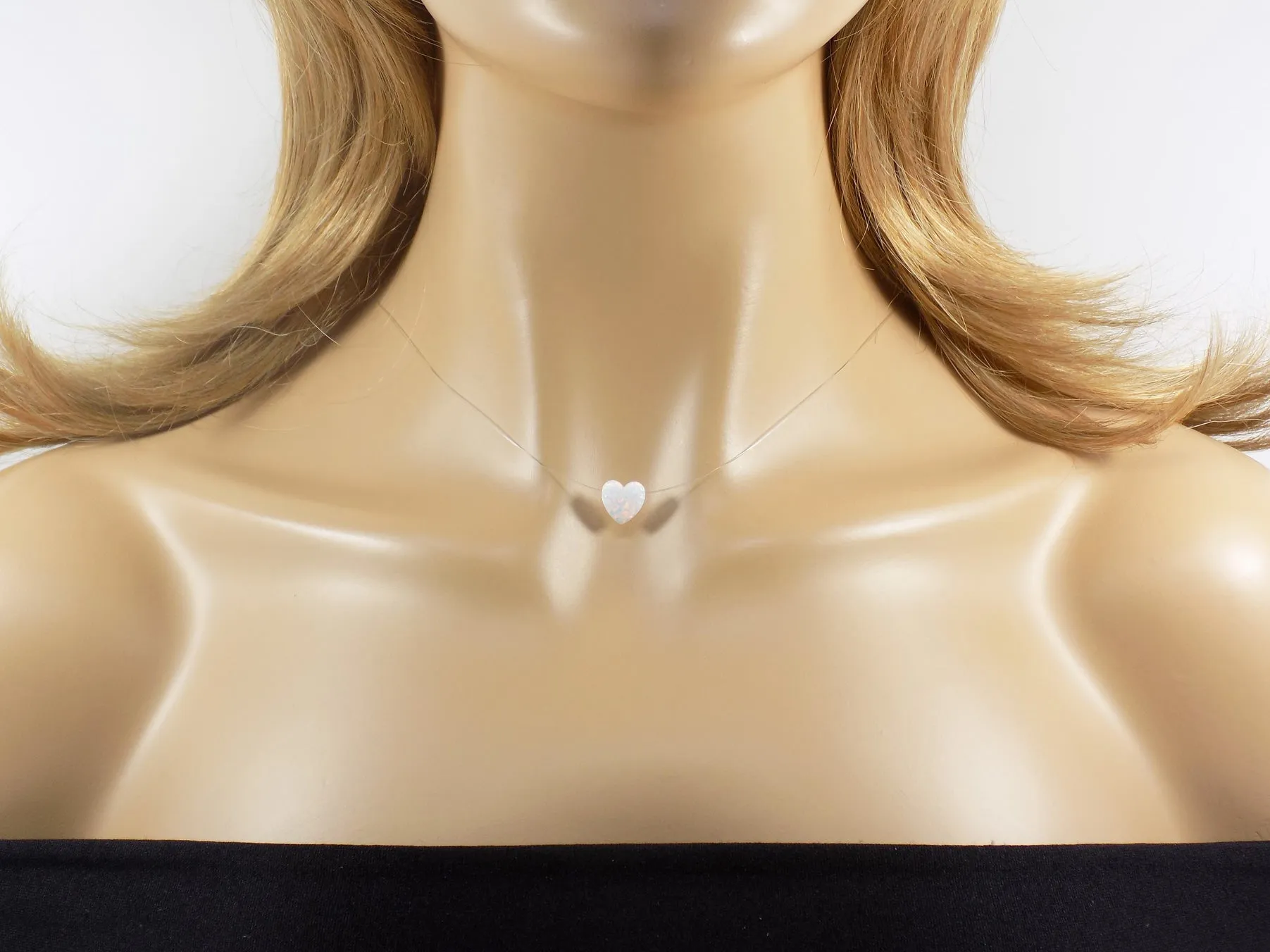 Opal Heart Necklace - Floating Illusion Opal Heart Pendant Fishing Line Choker