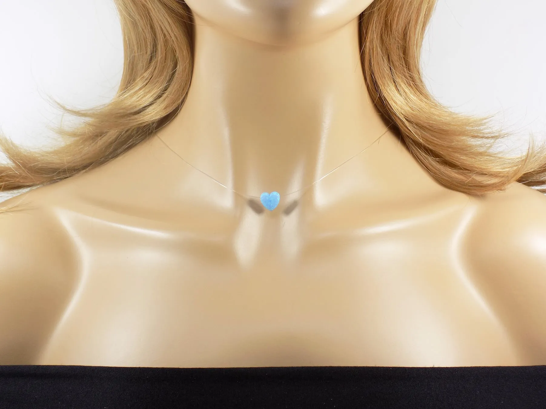 Opal Heart Necklace - Floating Illusion Opal Heart Pendant Fishing Line Choker