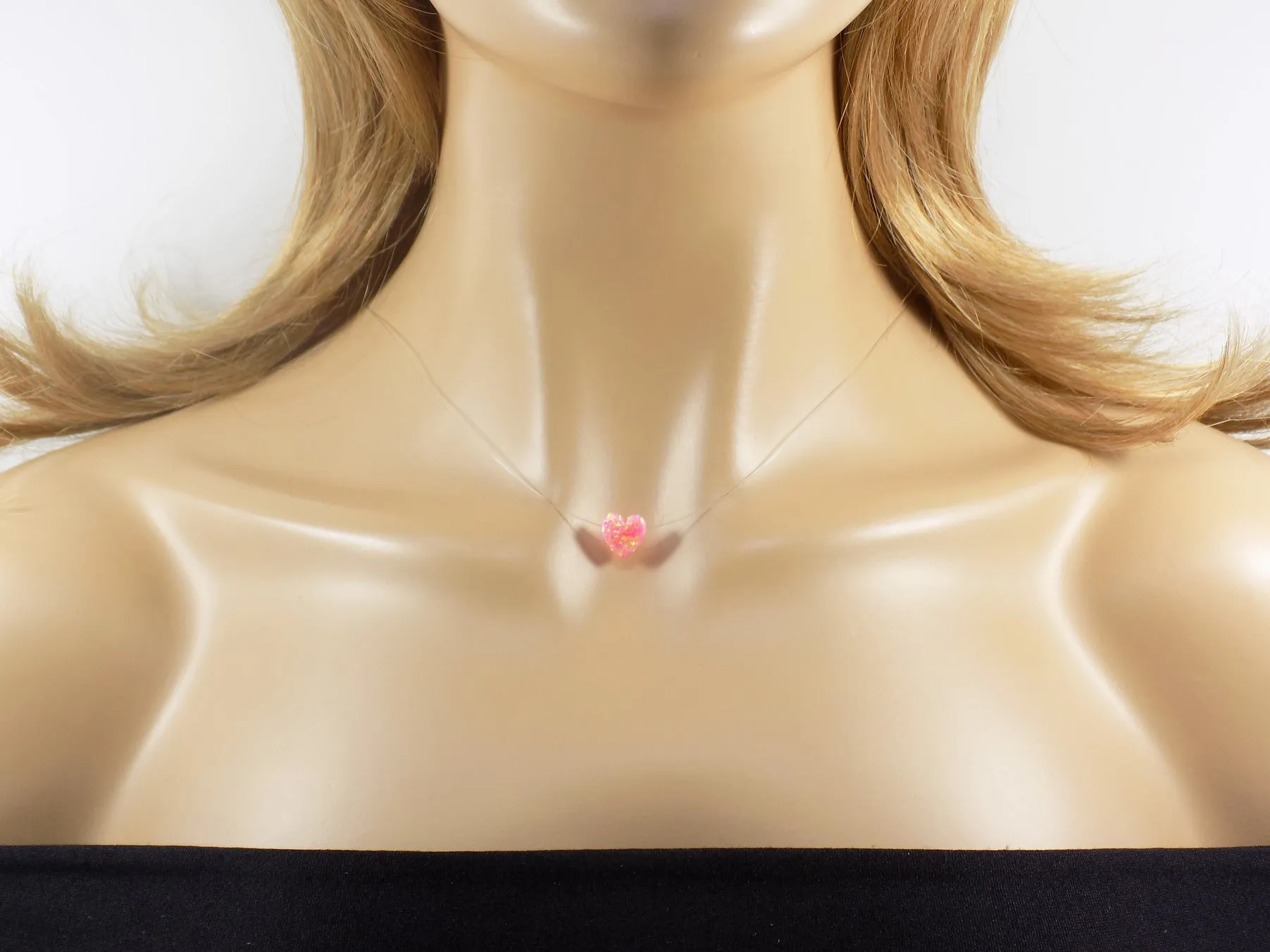 Opal Heart Necklace - Floating Illusion Opal Heart Pendant Fishing Line Choker