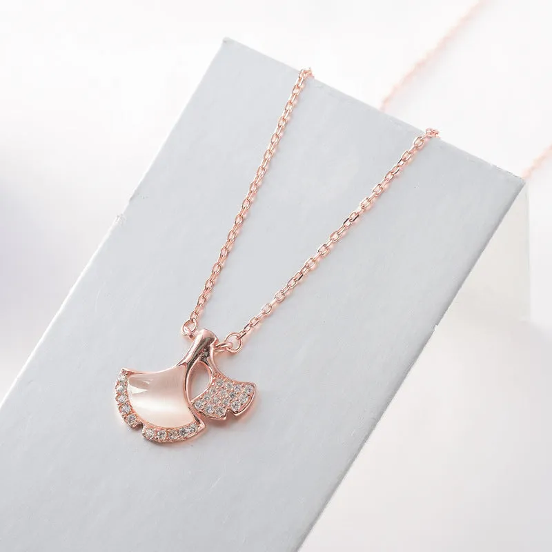 Opal Stone Ginkgo Leaf with Zircon Silver Necklace for Women