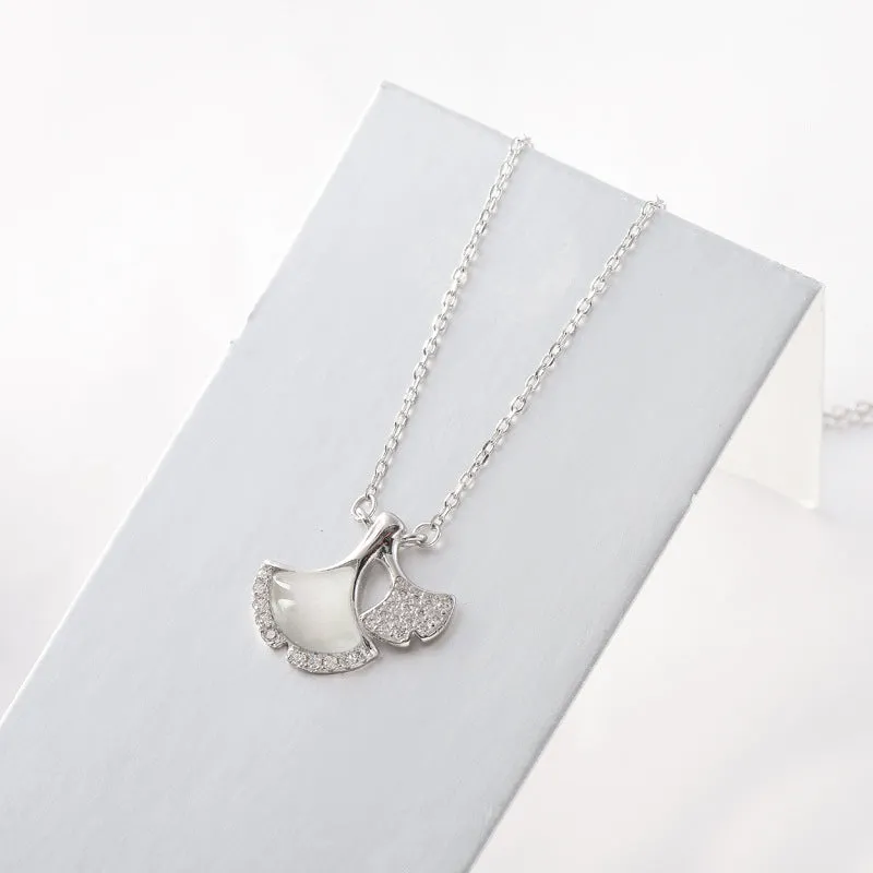 Opal Stone Ginkgo Leaf with Zircon Silver Necklace for Women