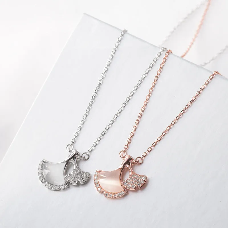Opal Stone Ginkgo Leaf with Zircon Silver Necklace for Women