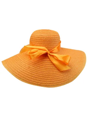 Orange Wide Brim Sun Hat With Satin Bow