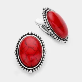Oval Red Natural Stone Clip On Earrings