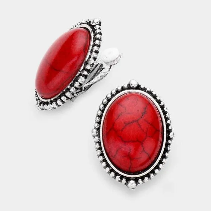 Oval Red Natural Stone Clip On Earrings