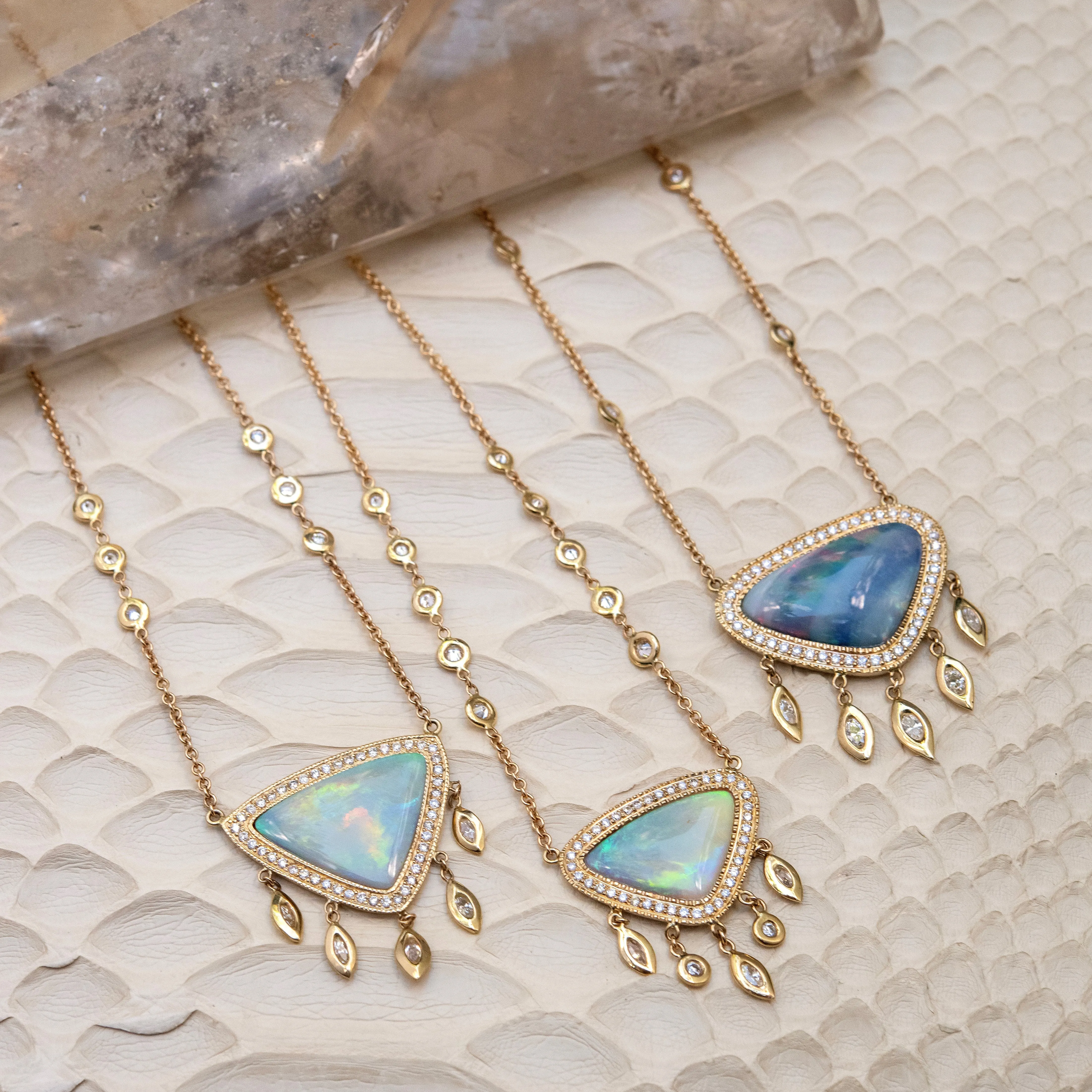 PAVE OPAL TRILLION   MARQUISE   ROUND DIAMOND SHAKER NECKLACE