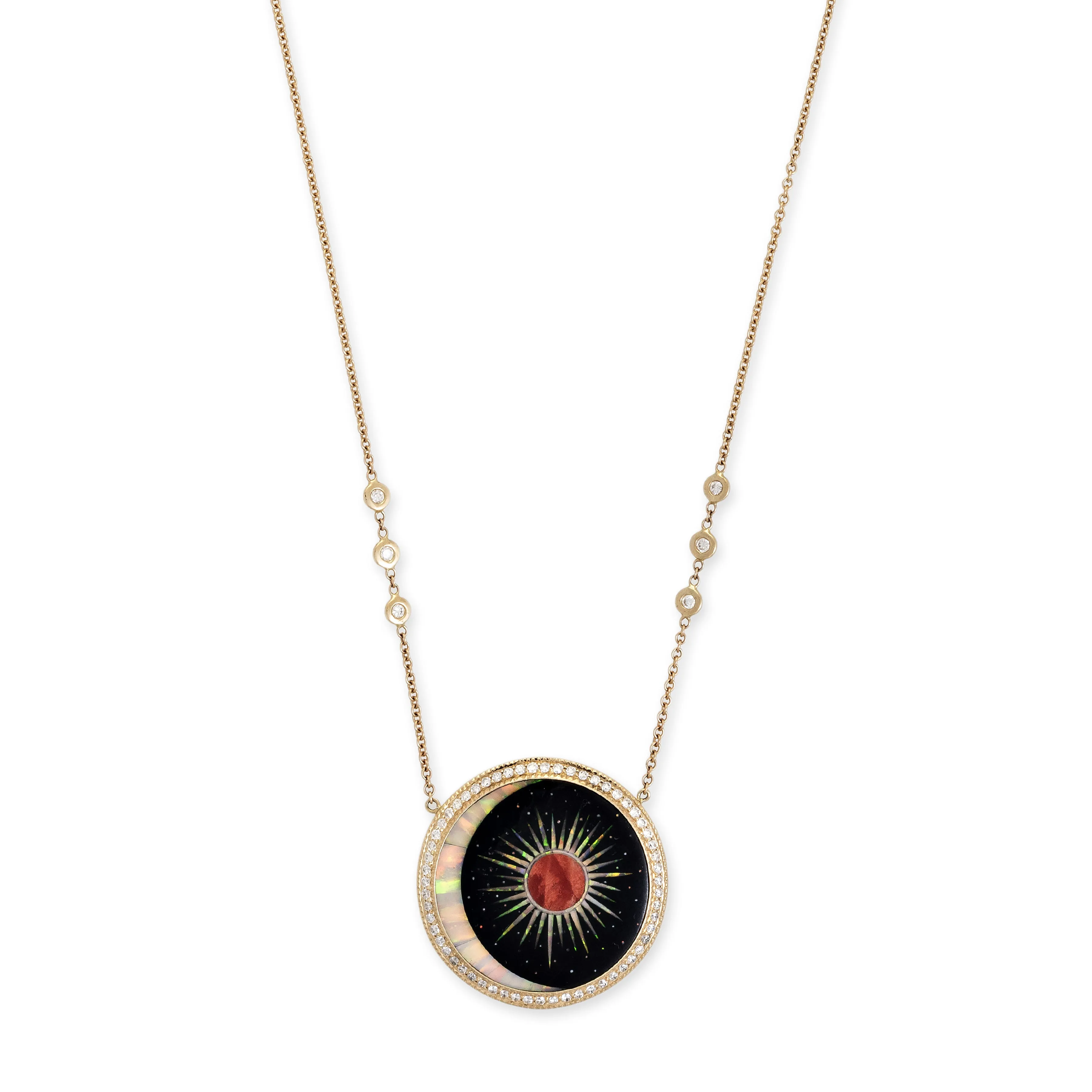 PAVE ROUND ONYX   OPAL CRESCENT MARS BURST INLAY NECKLACE