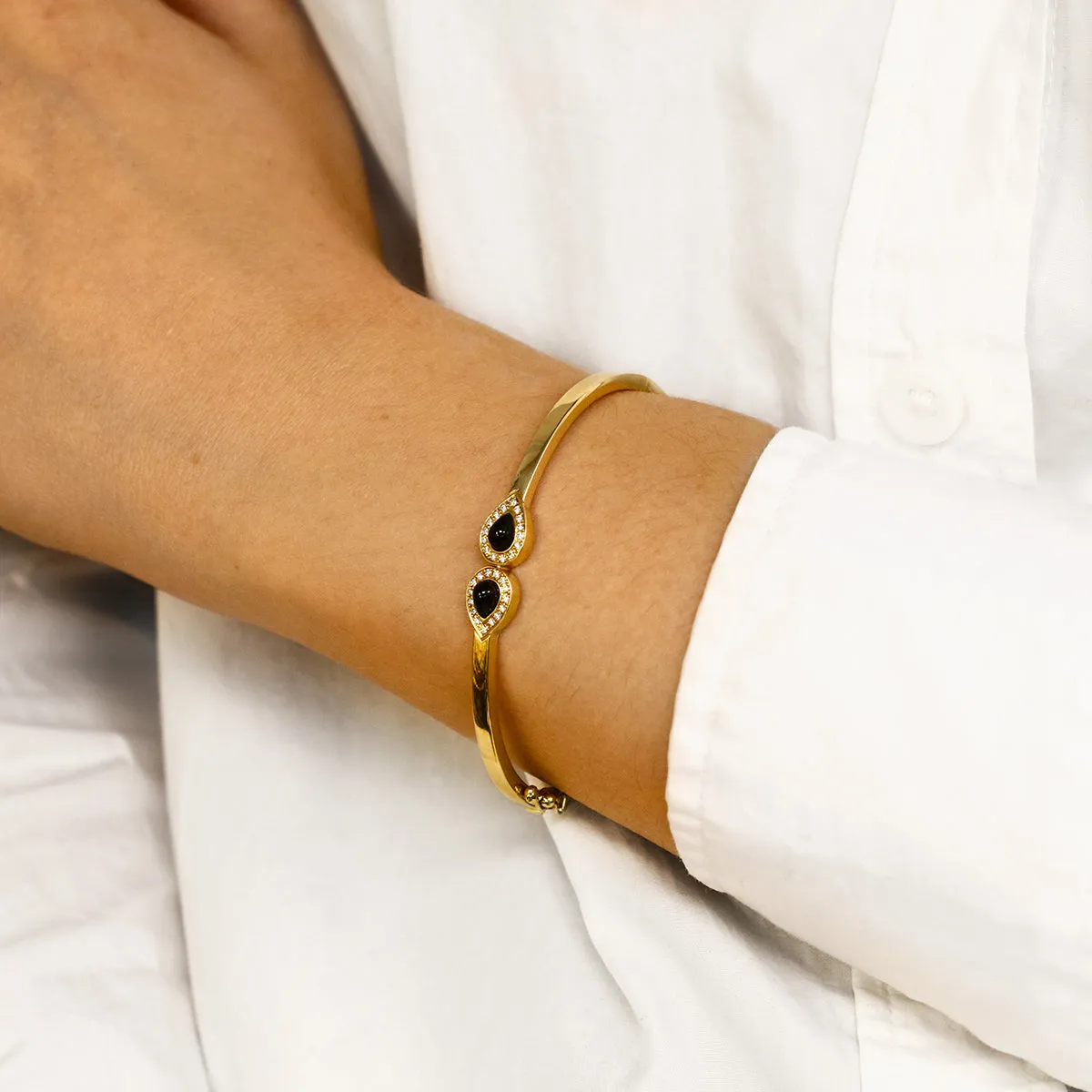 Pear Onyx and Diamond Halo Bangle | Pre-Loved | 18K Yellow Gold