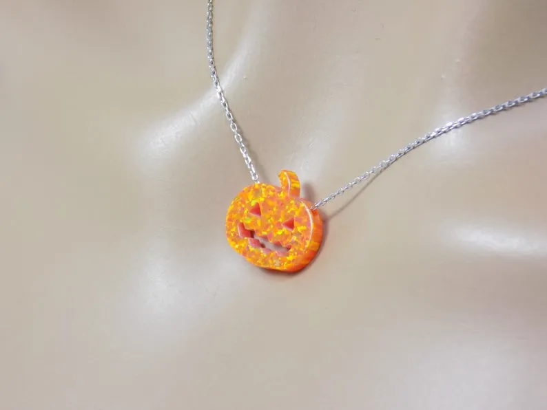 Pumpkin Necklace Opal Pendant Charm Silver Chain Thanksgiving Halloween Jewelry , Jack-o-Lantern Charm Necklace