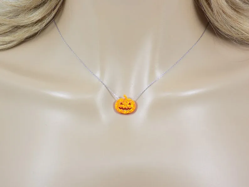Pumpkin Necklace Opal Pendant Charm Silver Chain Thanksgiving Halloween Jewelry , Jack-o-Lantern Charm Necklace