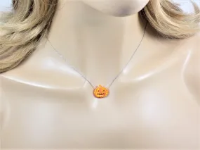 Pumpkin Necklace Opal Pendant Charm Silver Chain Thanksgiving Halloween Jewelry , Jack-o-Lantern Charm Necklace