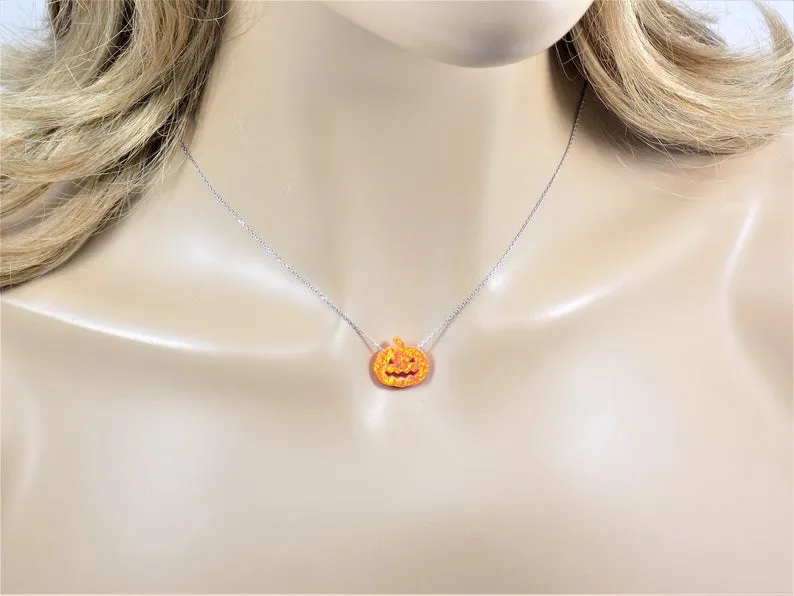 Pumpkin Necklace Opal Pendant Charm Silver Chain Thanksgiving Halloween Jewelry , Jack-o-Lantern Charm Necklace
