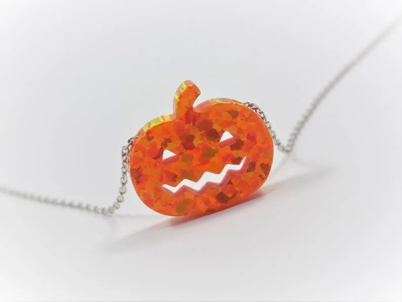 Pumpkin Necklace Opal Pendant Charm Silver Chain Thanksgiving Halloween Jewelry , Jack-o-Lantern Charm Necklace
