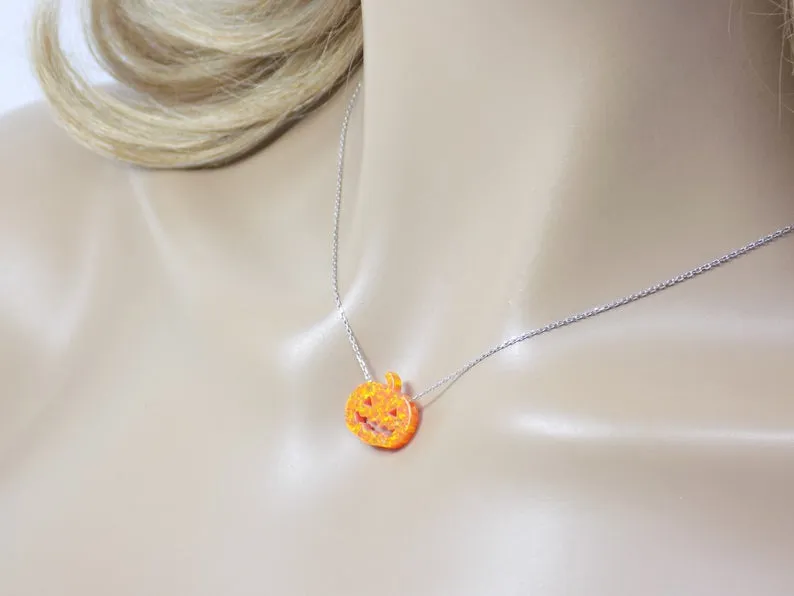 Pumpkin Necklace Opal Pendant Charm Silver Chain Thanksgiving Halloween Jewelry , Jack-o-Lantern Charm Necklace