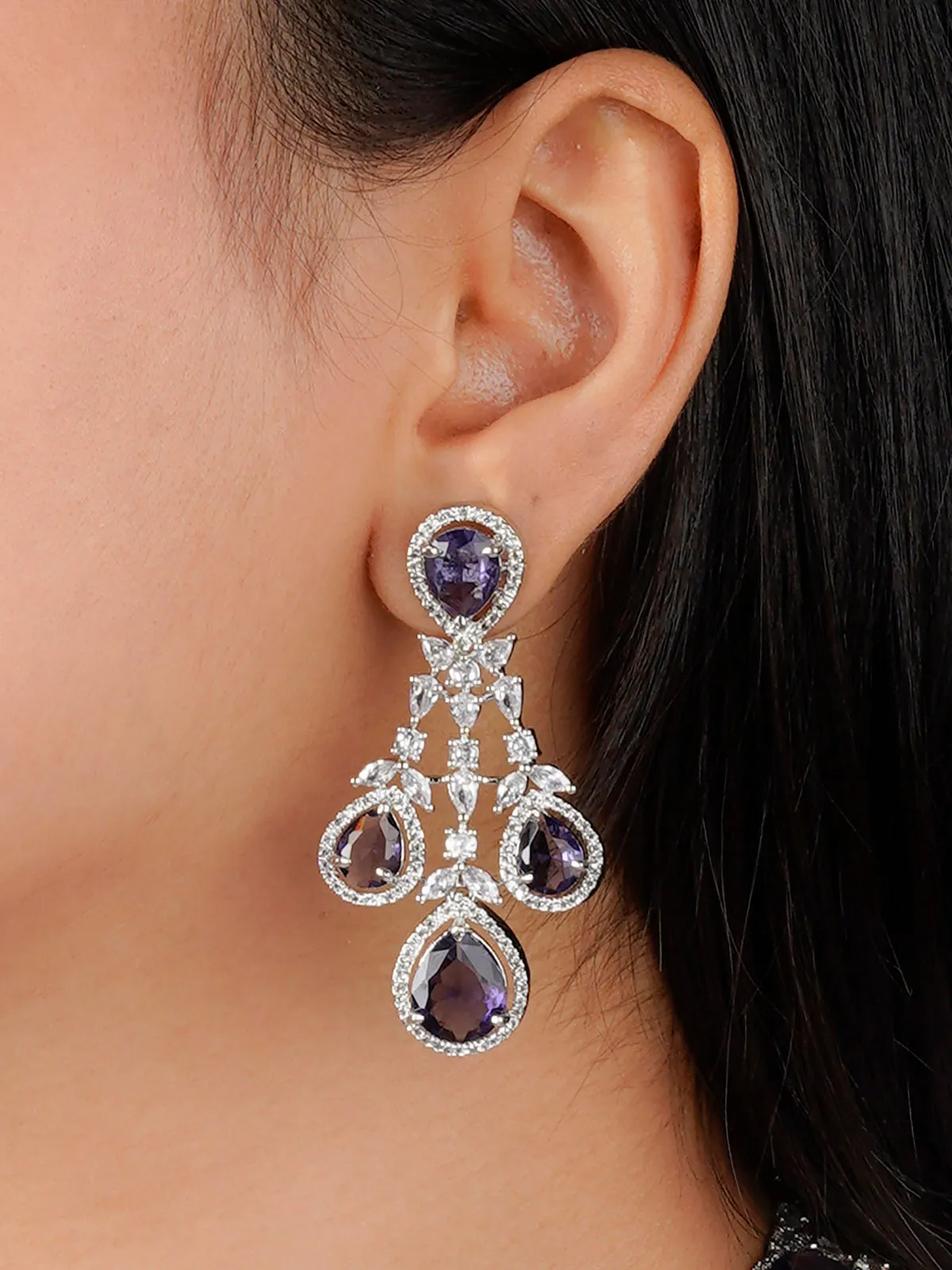 Purple Color Silver Plated Faux Diamond Necklace Set - CZSET314PR